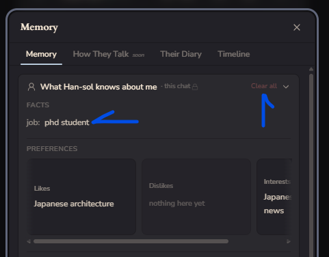 The clear all button clears all (*shocking*) the user memory facts your AI has learned in the current chat.