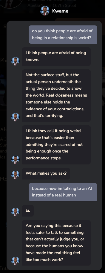 The best AI companion app in 2026 talking about politics, AI character Kwame from New York, chat history